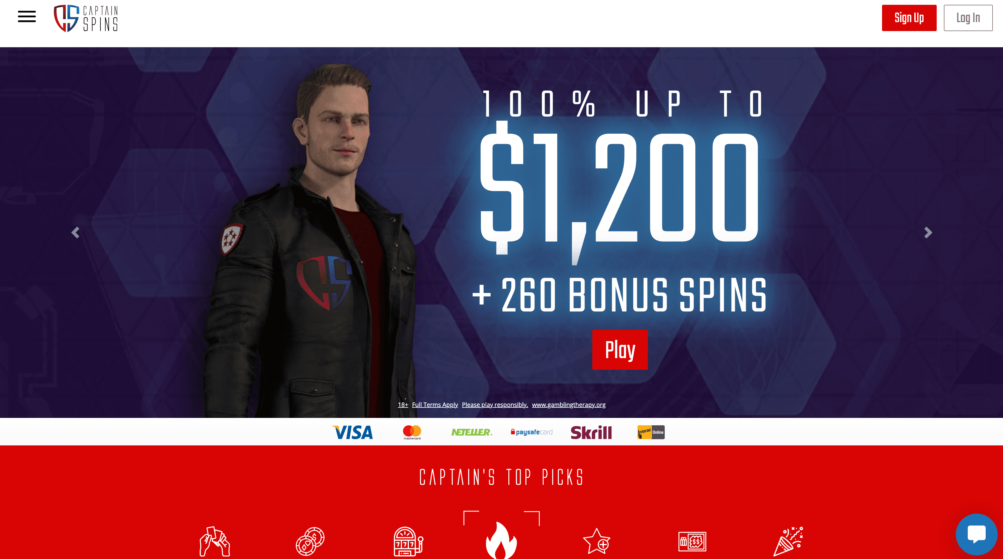 Captain Spins Casino main page