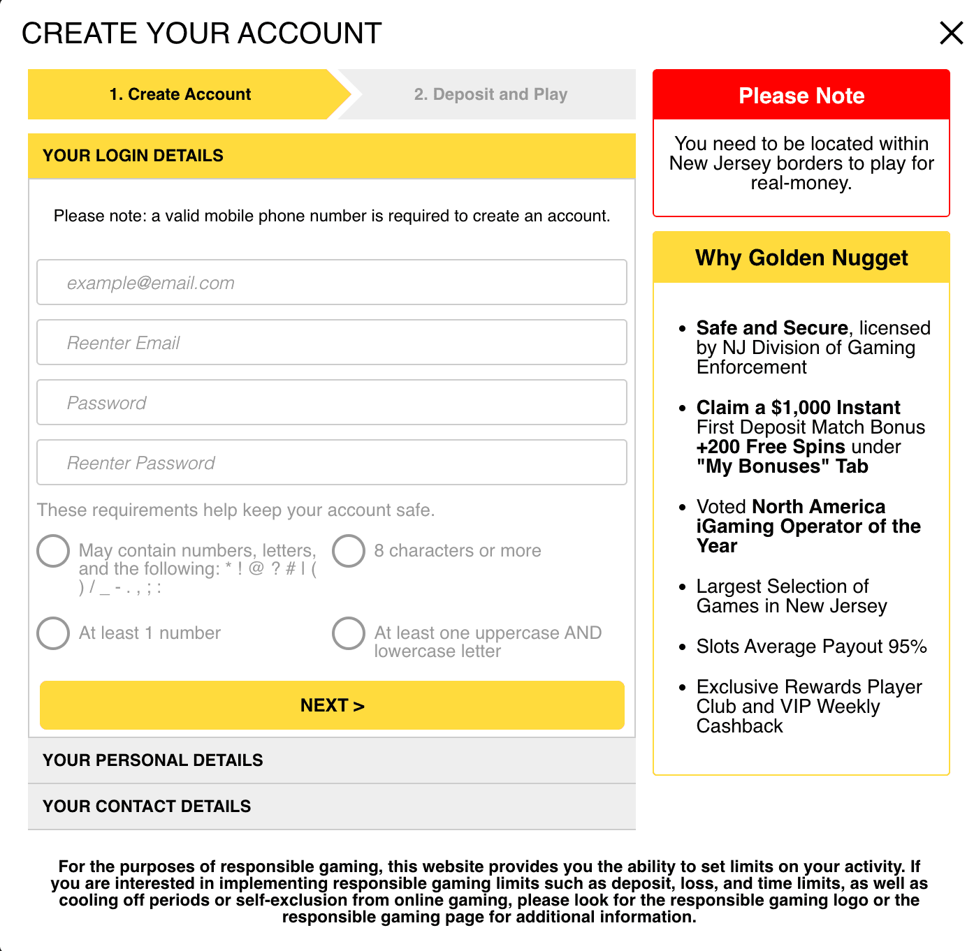 GoldenNugget Casino Registration