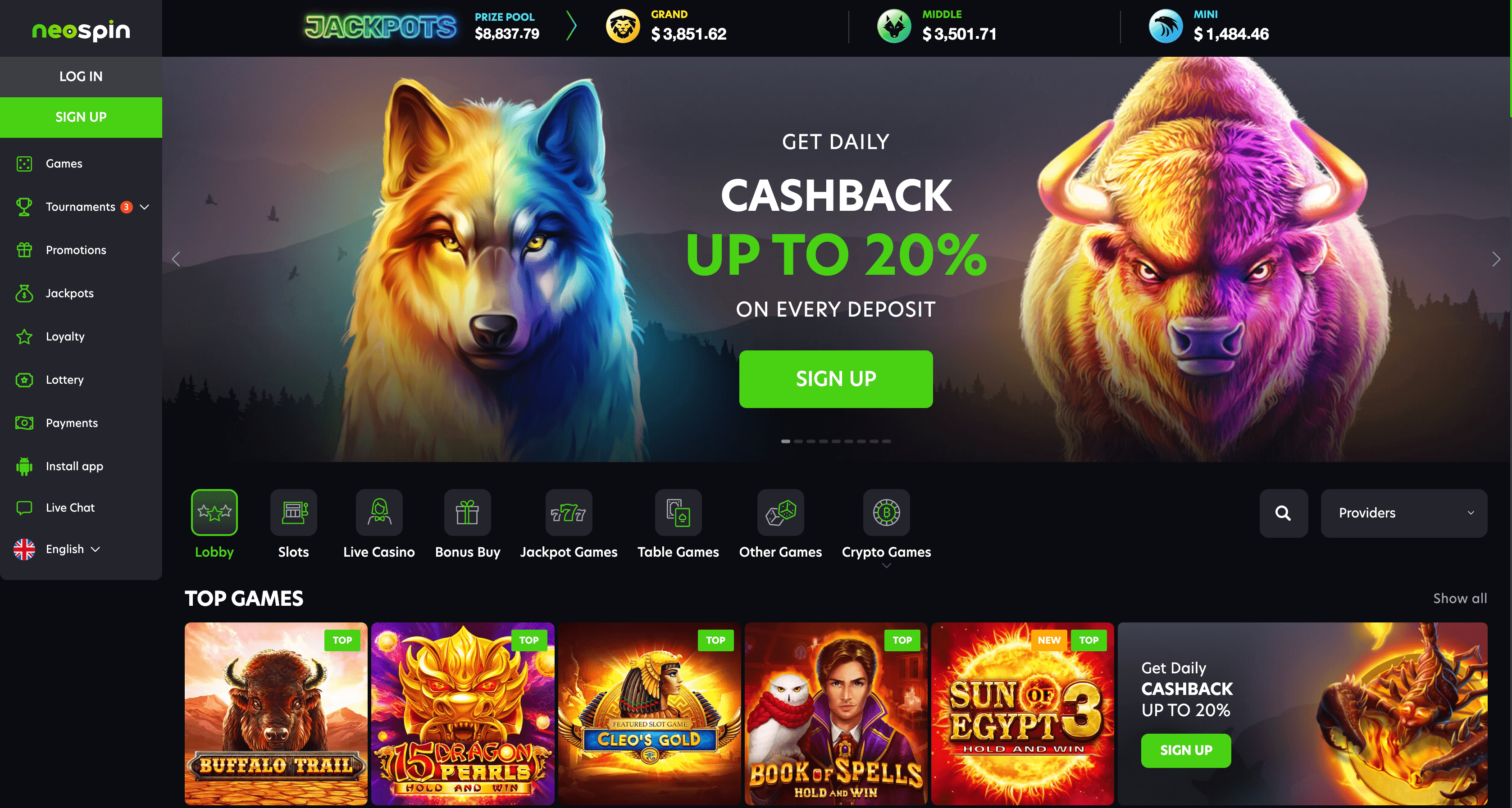 Neospin casino main page